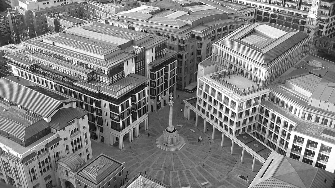 A view from the south of Paternoster Square in London , England from the top viewing deck of St. Paul's Cathedral next door