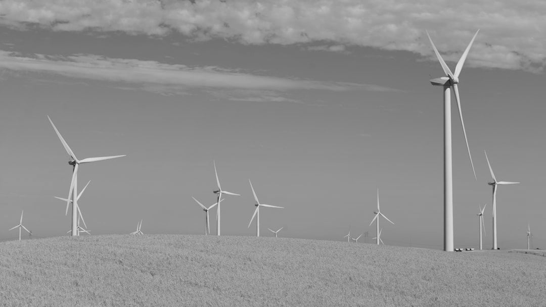 Wind turbines stand on a golden field under blue sky, illustrating National Grid share price